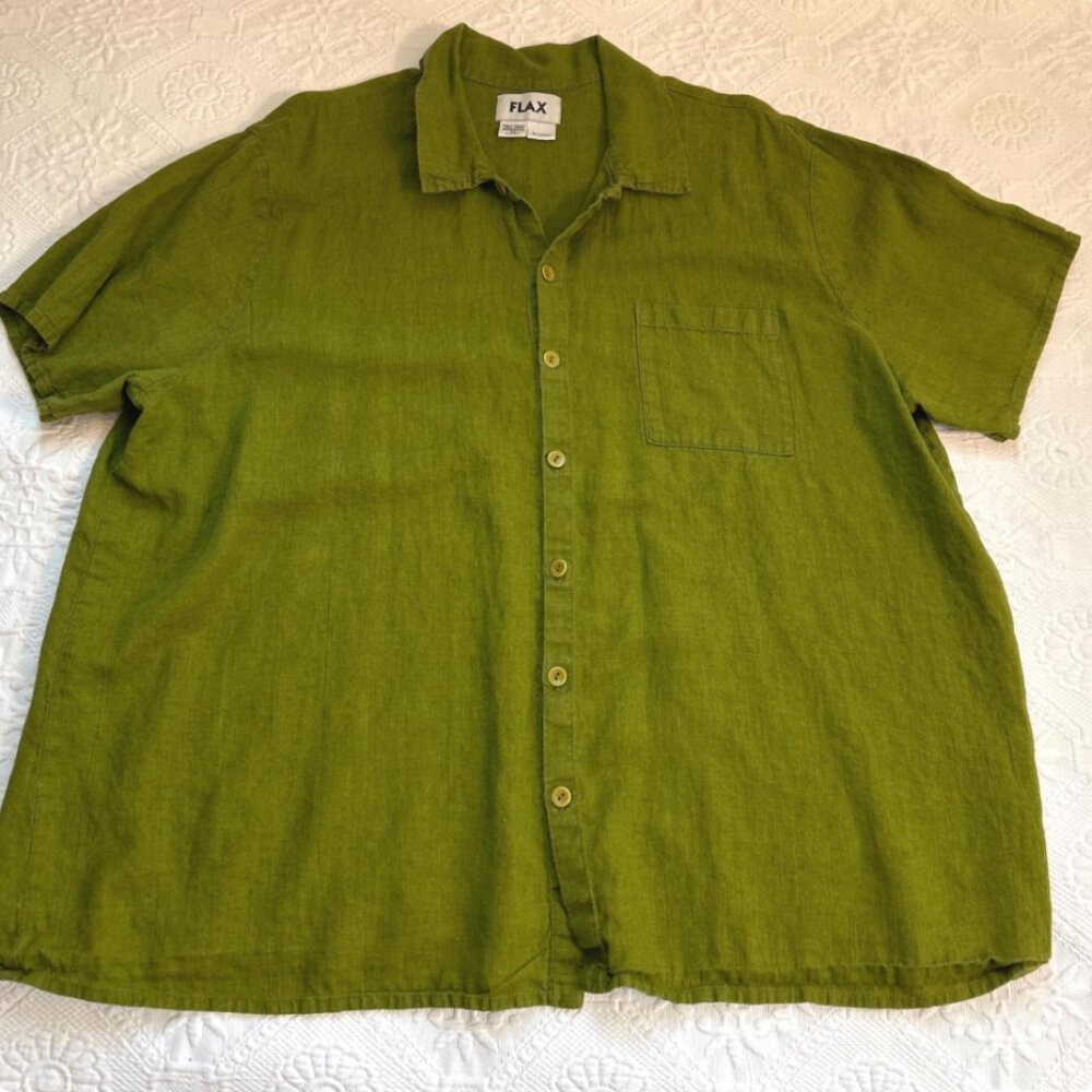 FLAX moss green Lagenlook Linen  Shirt . unisex button . Short Sleeve 1G 18 - 20